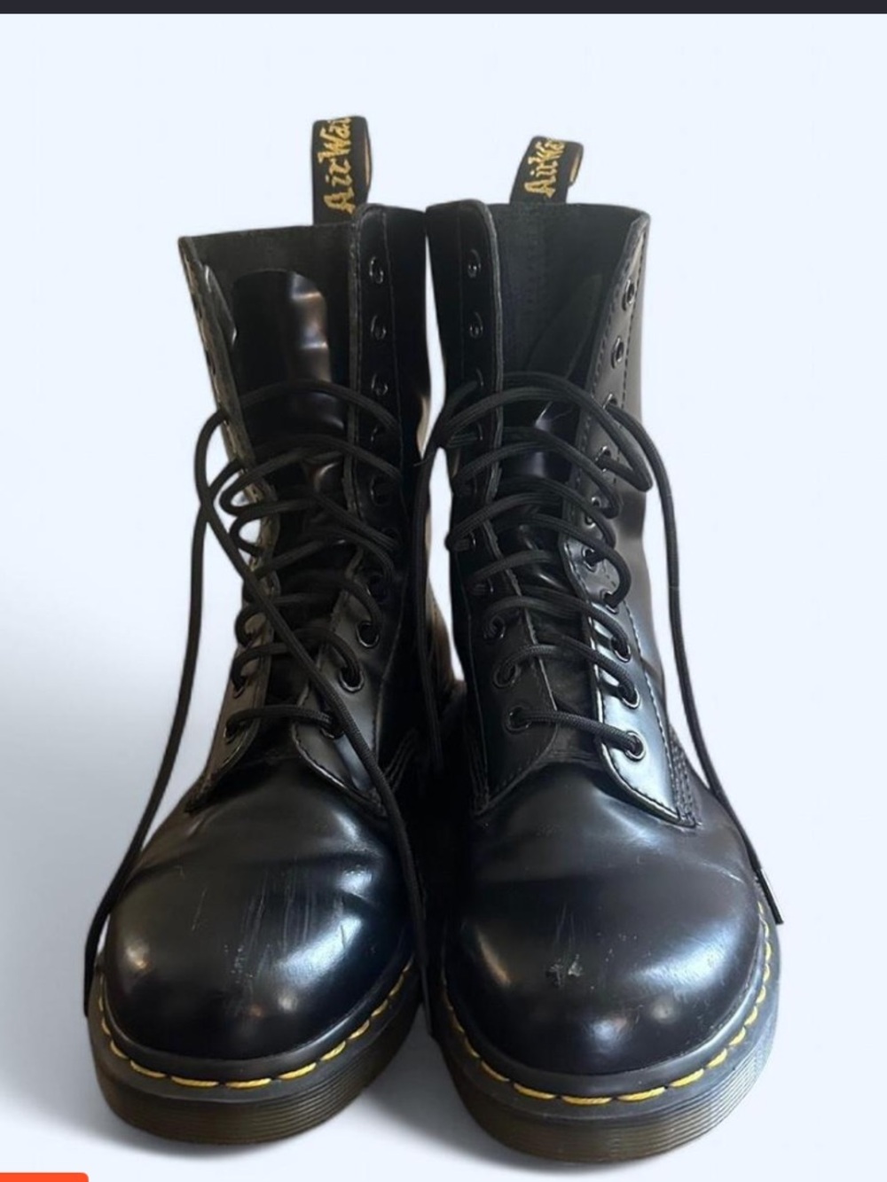 Dr. Martens Black Leather 8-Eye Lace-Up Boots with Yellow Stitching